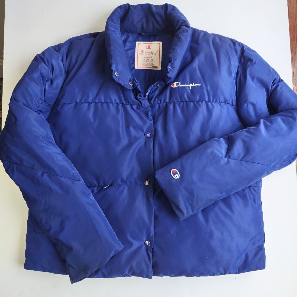 Champion Blue Script Crop Puffer Jacket Sporty Outdoor Streetwear Women's Large - Picture 7 of 11